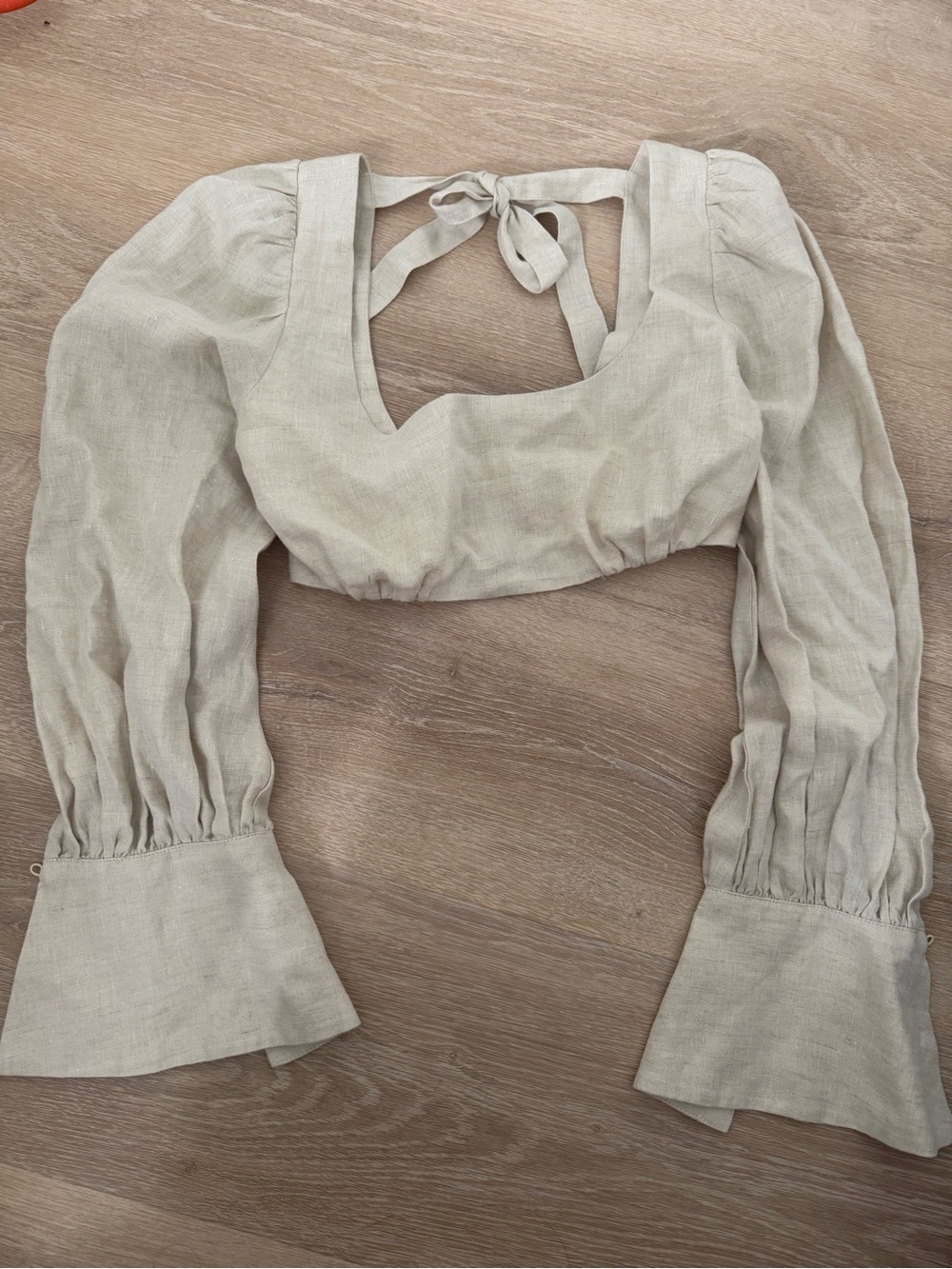 L'Academie Linen-Look Puff Sleeve Crop Top in Beige